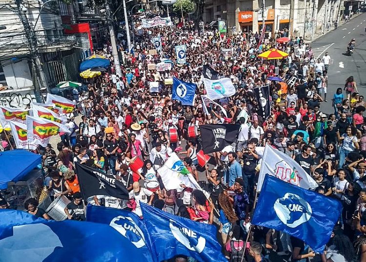 Protest held in the morning in Salvador, northeastern Brazil, againt the public education budget cuts announced by the far-right government