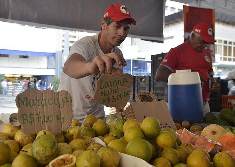 Produtor rural organiza bancada durante a Feira Nacional da Reforma Agrária, promovida pelo MST, no Rio de Janeiro