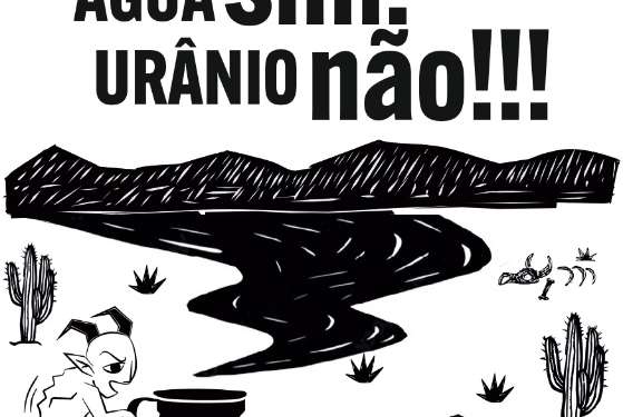 Xilogravura em preto e branco, questionando a contaminação de urânio nas águas cearenses.