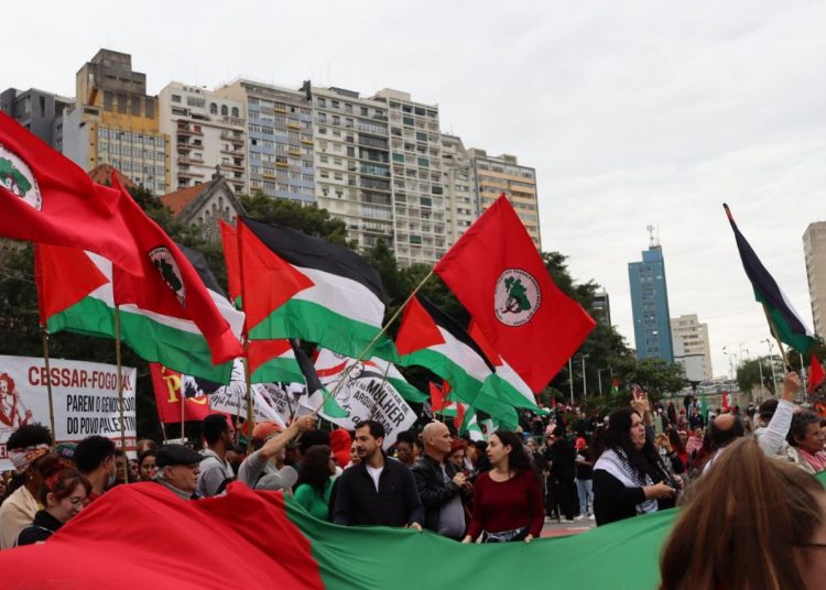 Ato contra o genocídio na Palestina e em defesa da vida, realizado na Av. Paulista, em 15 de junho